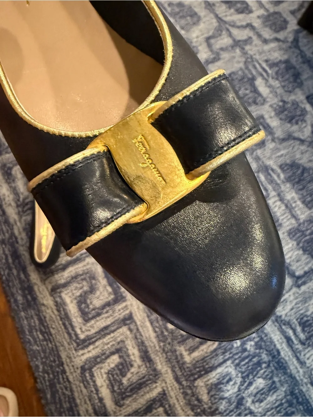 Salvatore Ferragamo Black Leather Vara Bow Flats with Gold Trim
